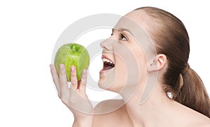 Woman eat green apple