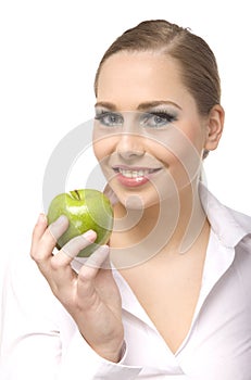 Woman eat green apple