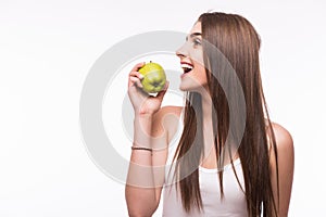 woman eat green apple