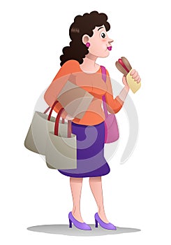 Woman eat lunch while hold shopping bag on isolated