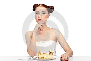 Woman eat tasty cake