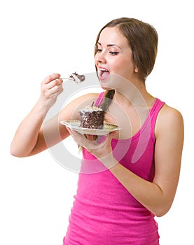 Woman eat tasty cake