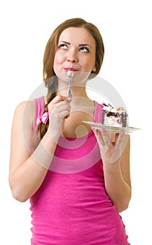 Woman eat tasty cake