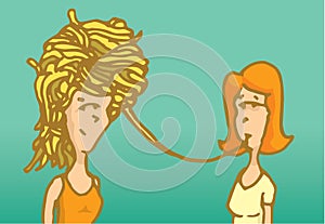 Woman eating another head or hair like spaghetti