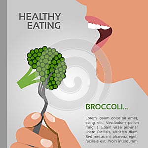 Woman eating brocc slice close up vector