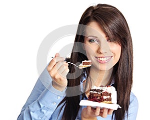 Una mujer comer pastel 