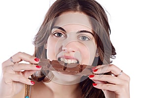 Woman eating chocolate.