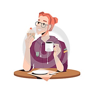 Woman eating cupcake and drinking coffee isolated