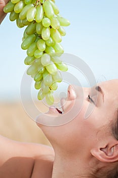Woman eating grapes in wheat field. Picnic.