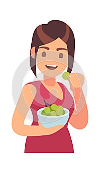 Woman eating healthy food. Girl eats meal. Hungry female character with bowl with grape, lunch or dinner time promotion