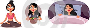 Woman Eating Healthy, Sleeping and Exercising Vector Illustration