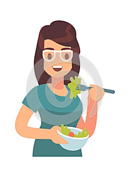 Woman eating healthy tasty meal. Girl eats salat, hungry female character with bowl, diet food lunch or dinner time