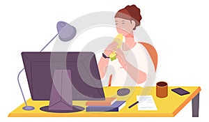 Woman eating lunch at computer desk. Office meal break