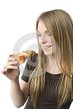 Woman eating pizza