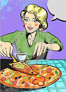 Woman eating pizza with emotion pop art comic style illustration