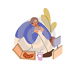 Woman eating pizza, watching movie on TV at home. Person with fat fast food and television, spending time alone. Girl