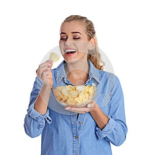 Woman eating potato chips