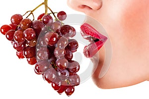 woman eating red grapes, sensual red lips