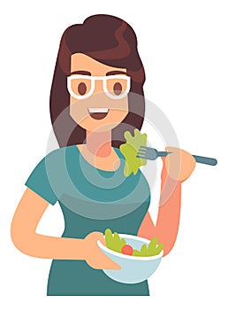 Woman eating salad. Fresh food with vitamins. Diet nutrition