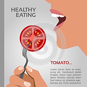 Woman eating a tomato slice - vector art