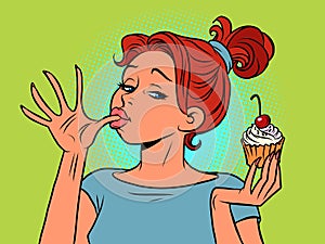 A woman eats a sweet, licks her fingers. ice cream