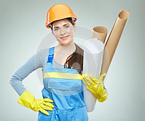 Woman egineer portrait with paper plan. photo