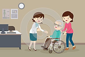 woman and elderly man on wheel chair see Doctor