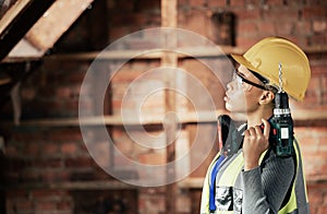 Woman, electric drill and engineer construction worker in building for wall renovation. Industry professional contractor
