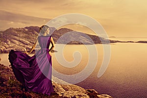 Woman in Elegant Dress on Mountain Coast, Fashion Model Gown