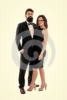 Woman elegant lady and bearded gentleman black tuxedo with bow tie. Formal event. Dress code rules. Party ceremony