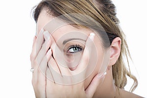 Woman Embarrassed Shy Peeping Through Fingers