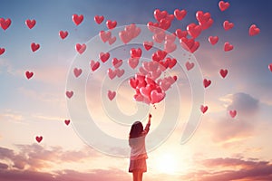 A woman embracing a colorful bunch of heart-shaped balloons with a joyful smile, Person releasing a bunch of heart balloons into