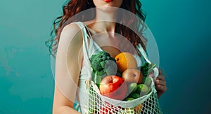 Woman Embracing Healthy Eating with a Bag of Fresh Produce. Generative ai