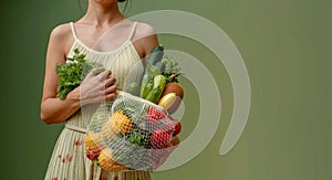 Woman Embracing Healthy Eating with a Bag of Fresh Produce. Generative ai