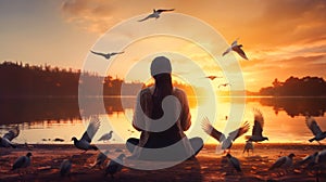 Woman Embracing Nature with Flying Wildlife at Sunset generated by AI tool