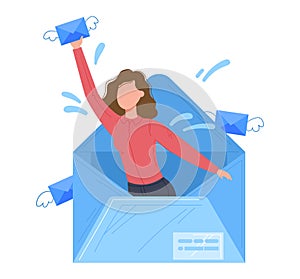 Woman emerging from a large envelope with excitement. Successful delivery concept or email notification idea vector