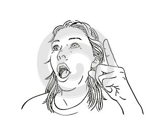 Woman emotionally pointing finger up Vector sketch, Young female is having brilliant idea or feeling surprisingly scared