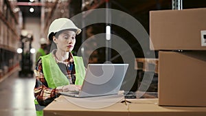 Woman Employee Working on Laptop at Busy Logistics Centre. Logistic Shipping, Warehouse Center Concept