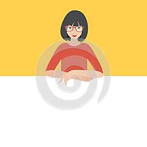 Woman with empty clean banner, board, paper. Vector illustration