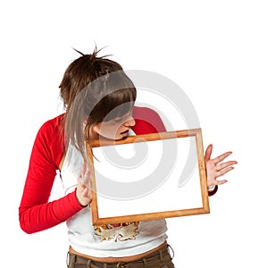 Woman with empty frame