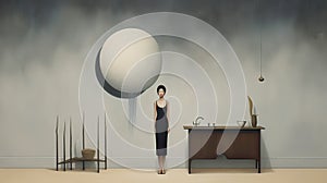 Woman in an empty grey room next to a globe - AI generative