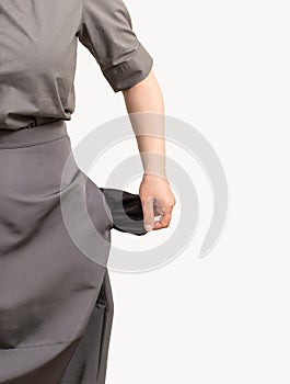 Woman empty pockets isolated white background hand black