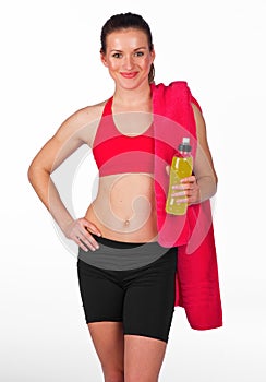 Woman with energy drink bottle