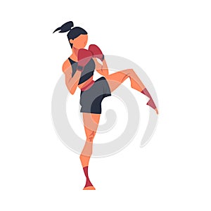 Woman Engaged in Kickboxing Fighting in Gloves as Martial Arts Vector Illustration