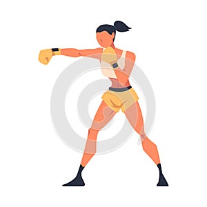 Woman Engaged in Kickboxing Fighting in Gloves as Martial Arts Vector Illustration