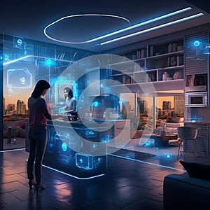 A woman engages with advanced holographic interfaces in a smart kitchen, set against the backdrop of a cityscape at dusk