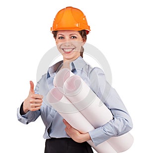 Woman - engineer in a protective helmet