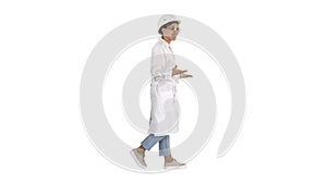 Woman engineer walkin and talking emotionaly on white background