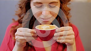 Woman enjoy coffee cafe drink hot latte cappuccino