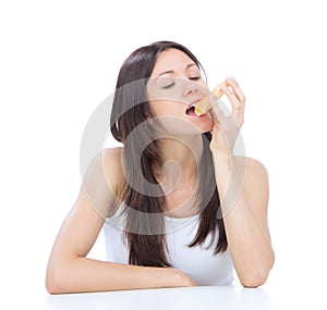 Woman enjoy sweet donut. Unhealthy junk food